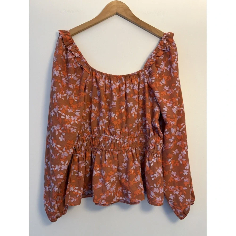 NWT Nine West Women's Peplum Floral‎ Blouse Size L Elastic Cuffs Smocked Waist